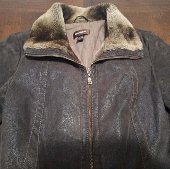 Danier Dark Brown Genuine Leather Jacket with Faux Fur Collar - Picture 3 of 7
